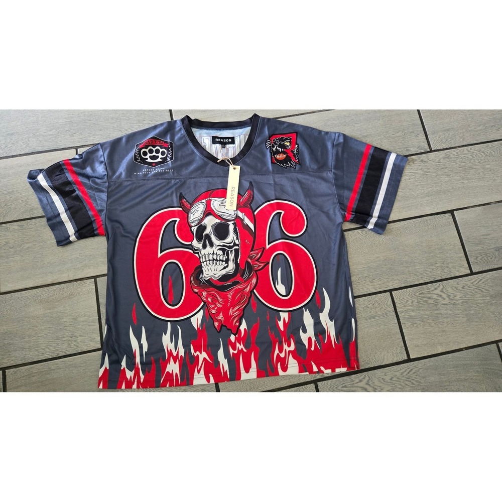 Reason Brand Bat Out Of Hell 66 Skull Jersey Grey Red Mens Large RER5-020 NWT